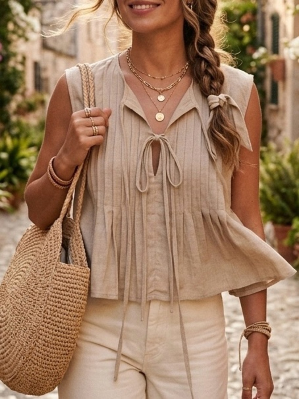 la lavon women’s Linen Rayon Pleated Tie-Front Crop Vest Top Tan Beige Large